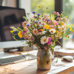 Strauß mit Wildblumen und Kräutern auf einem Schreibtisch