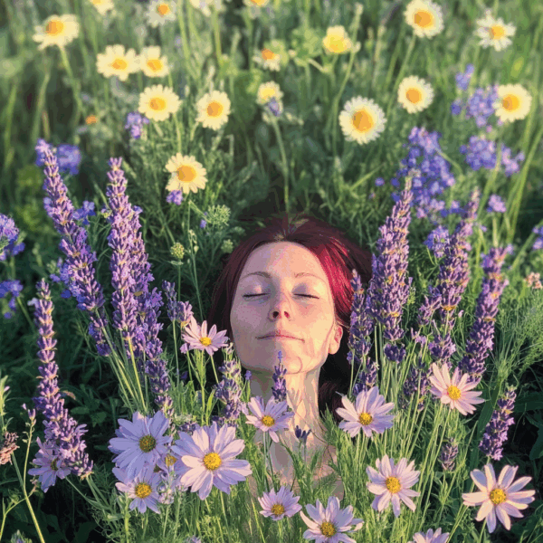 Frau liegt auf Wiese voller Sommerblumen