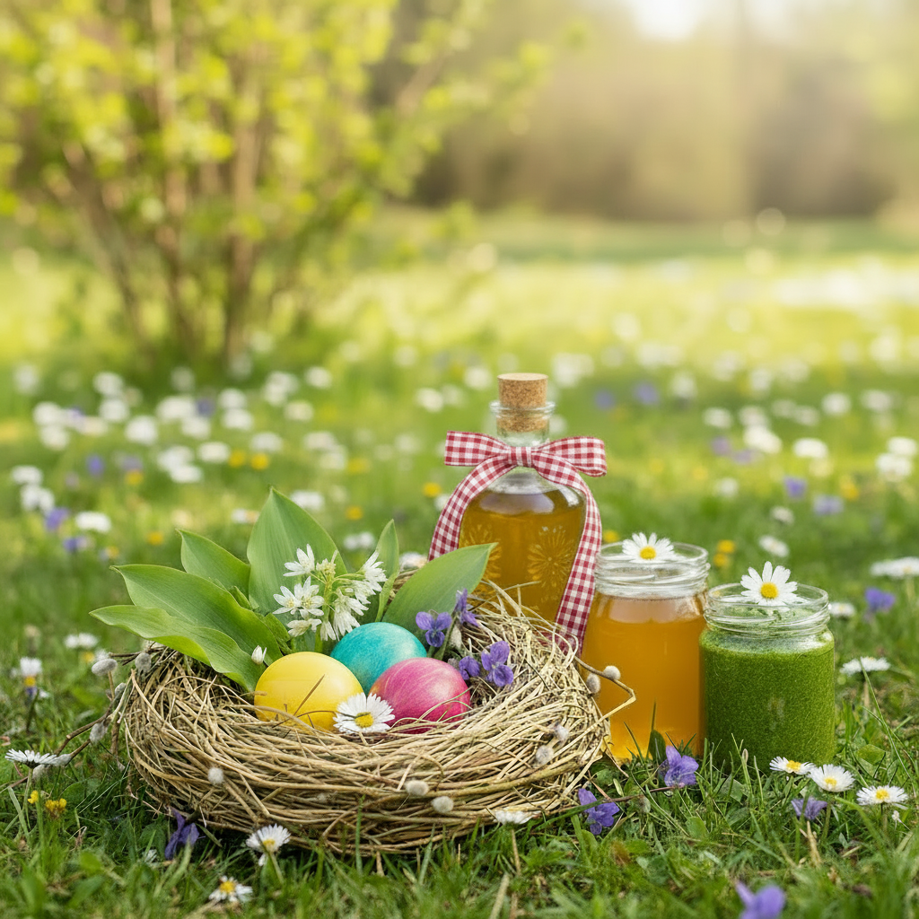 Osternest mit Kräutern und drei Geschenk aus frischen Kräutern